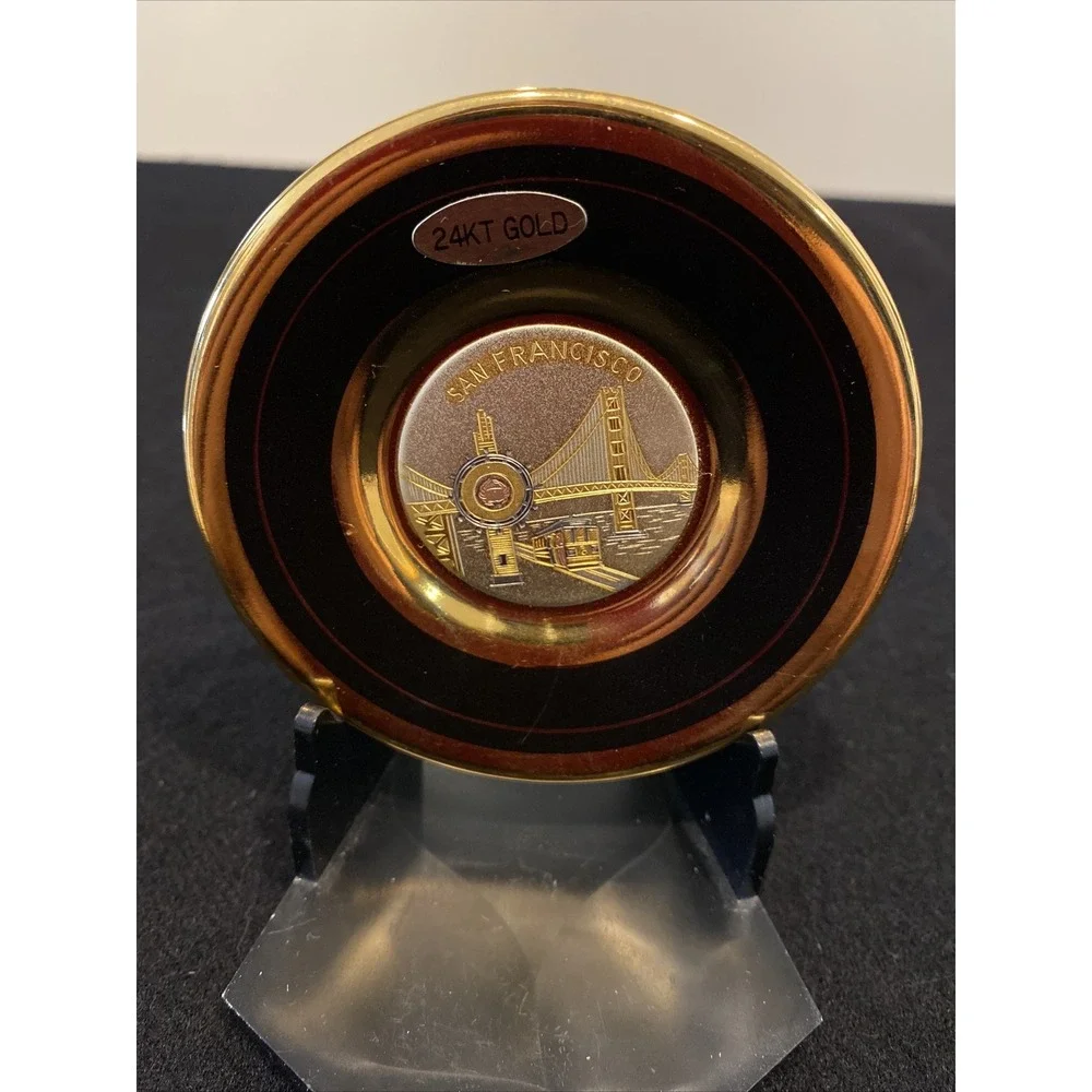 Chokin Art San Francisco Golden Gate Bridge Trolley Plate/Cup/Stand 24kt Gold